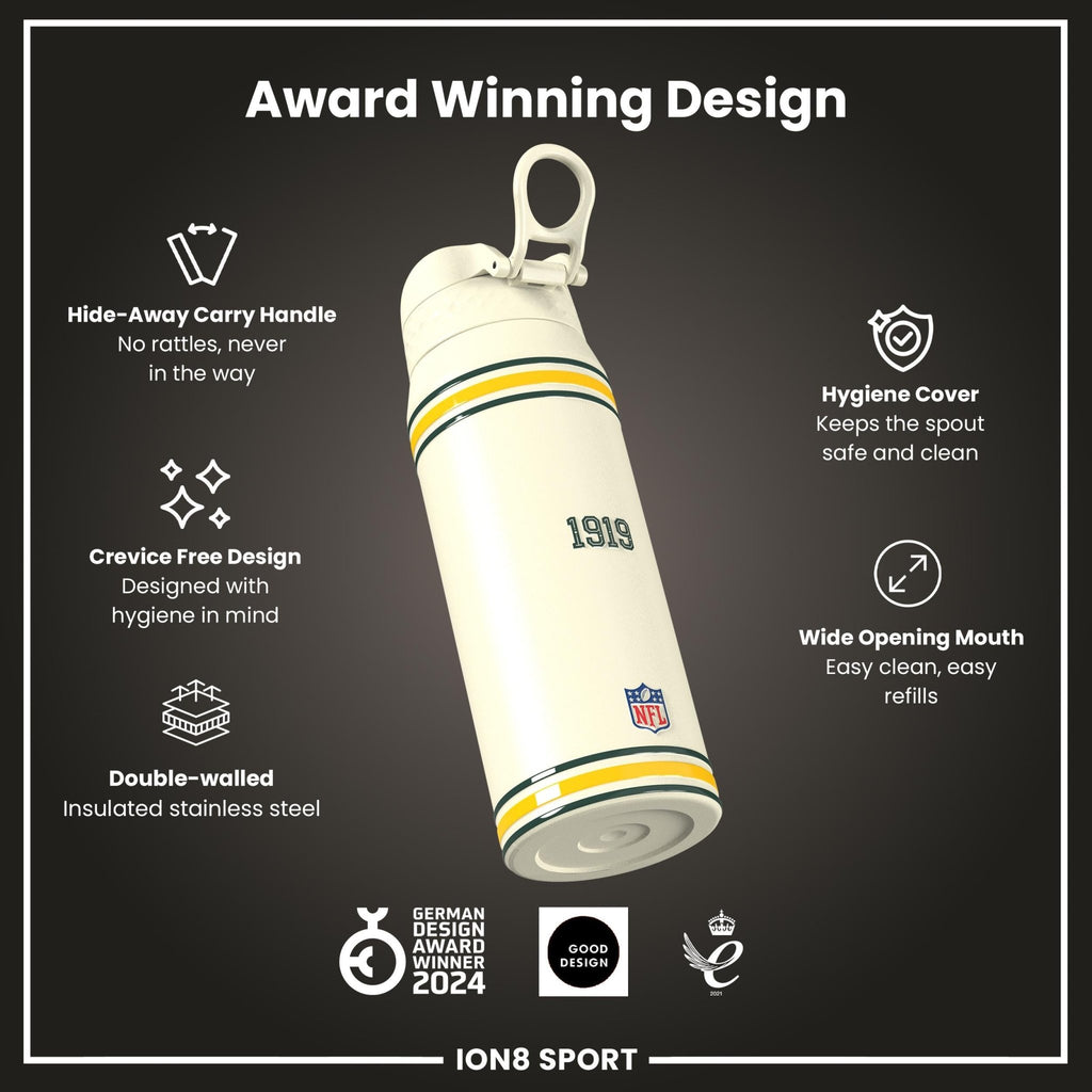 ION8 NFL Green Bay Packers insulated steel water bottle, 750ml, with team logo and durable stainless steel design.