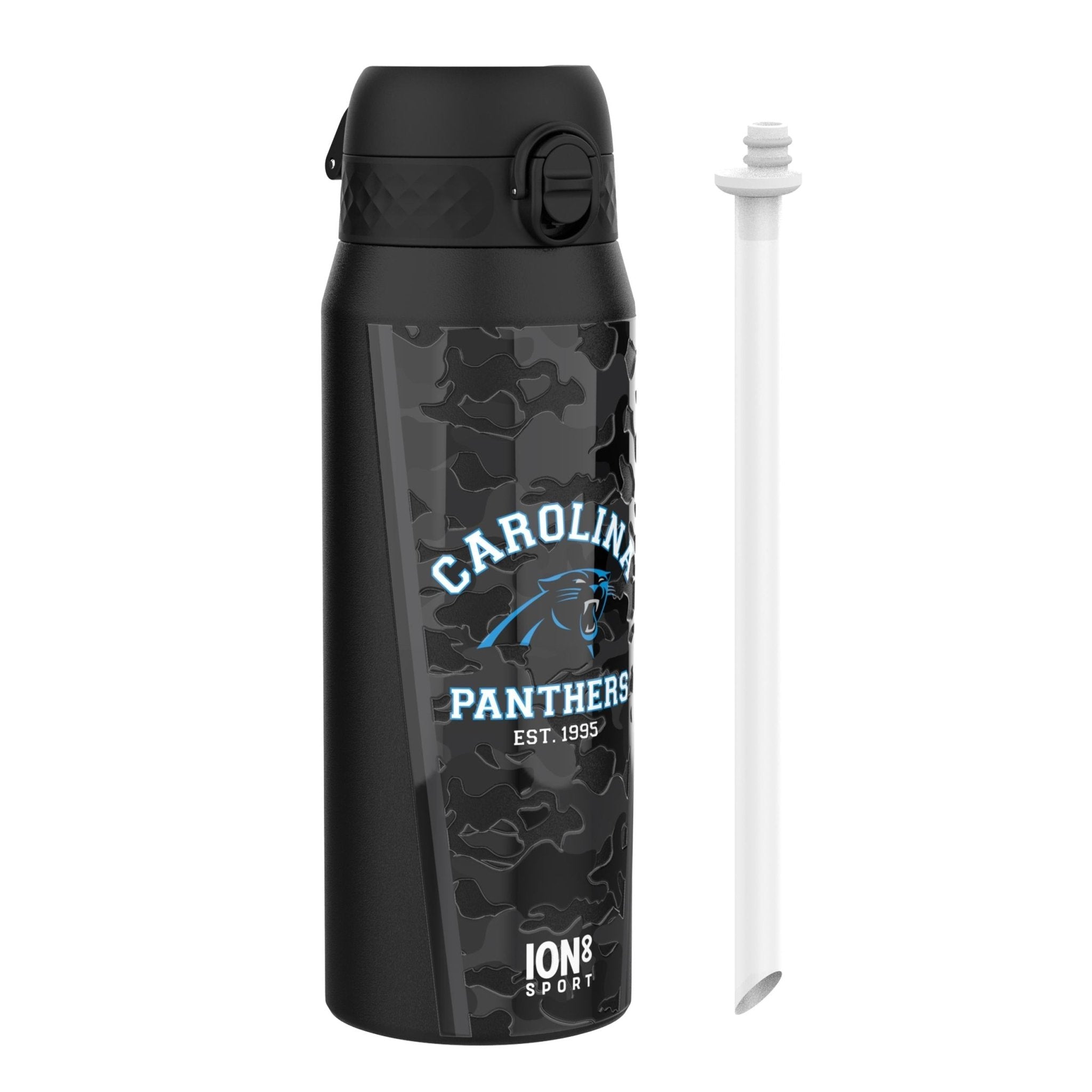 ION8 NFL Panthers insulated steel water bottle, 750ml, with team logo and durable design for hot and cold beverages.