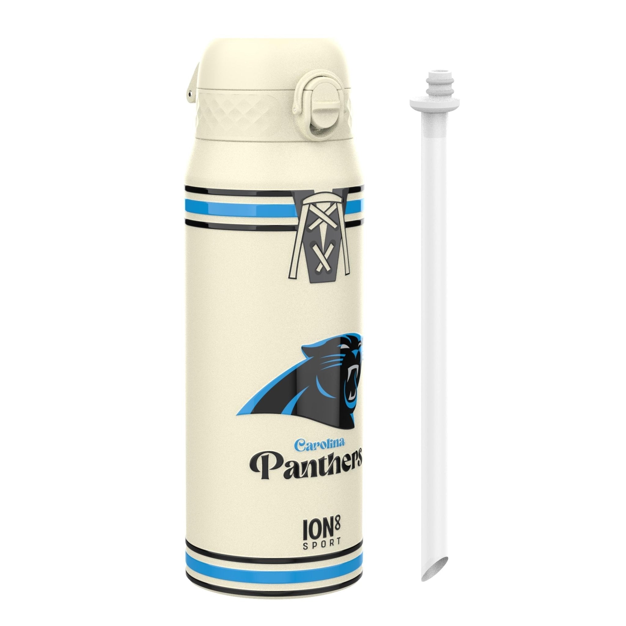 ION8 insulated steel water bottle featuring NFL Panthers logo, 750ml (24oz) capacity, with a sleek design and leak-proof lid.