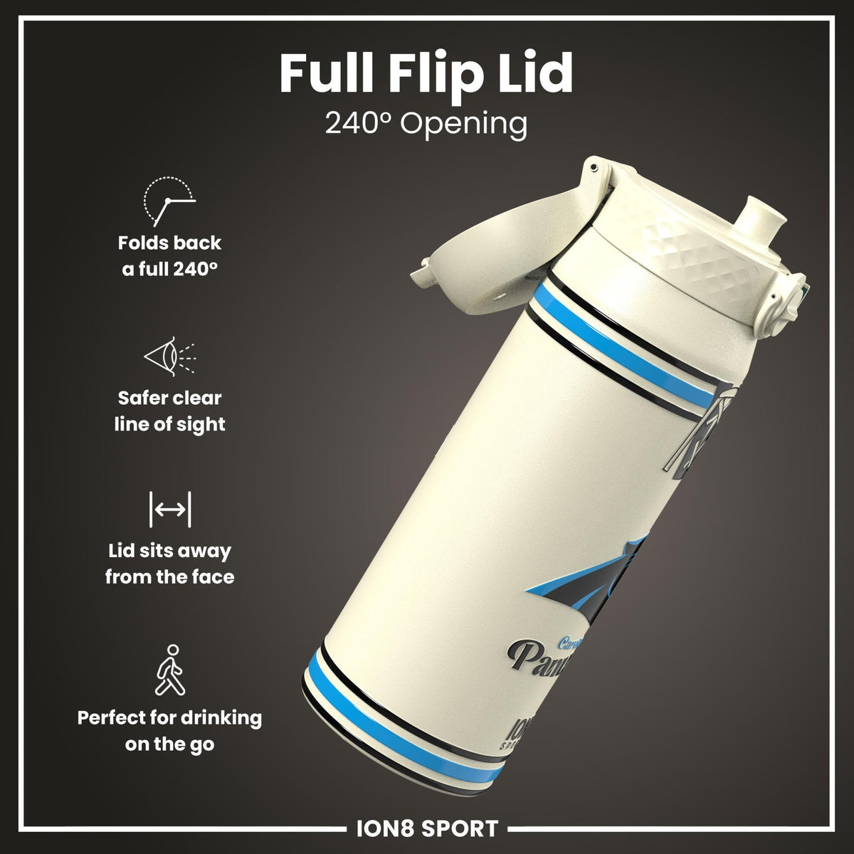NFL Carolina Panthers insulated steel water bottle by ION8, 750ml (24oz), with team logo and durable stainless steel design.