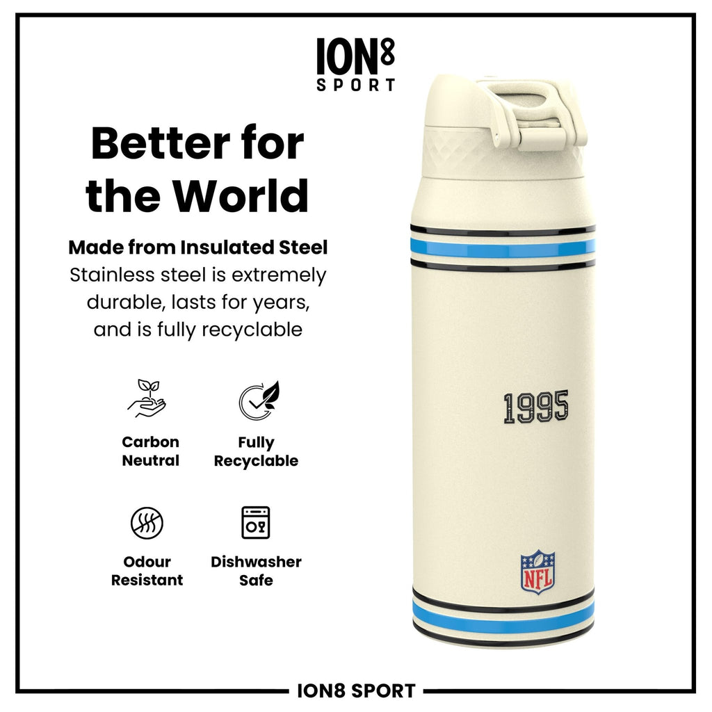 NFL Carolina Panthers insulated steel water bottle by ION8, 750ml, with team logo and durable stainless steel design.