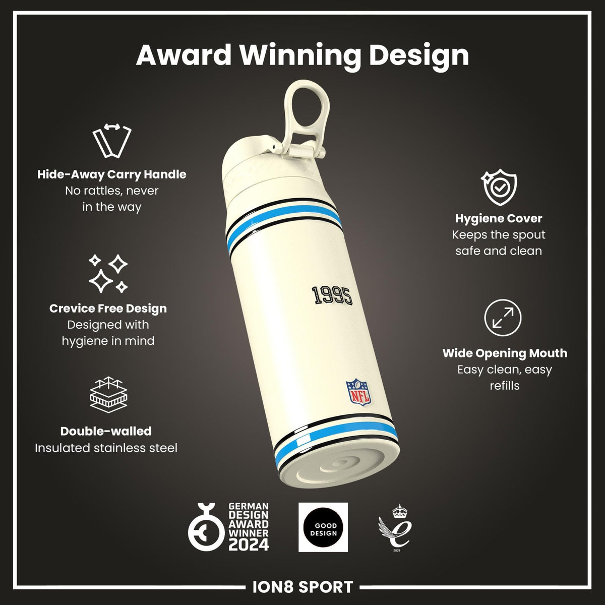 ION8 NFL Carolina Panthers insulated steel water bottle, 750ml, durable and leak-proof for sports and outdoor use.