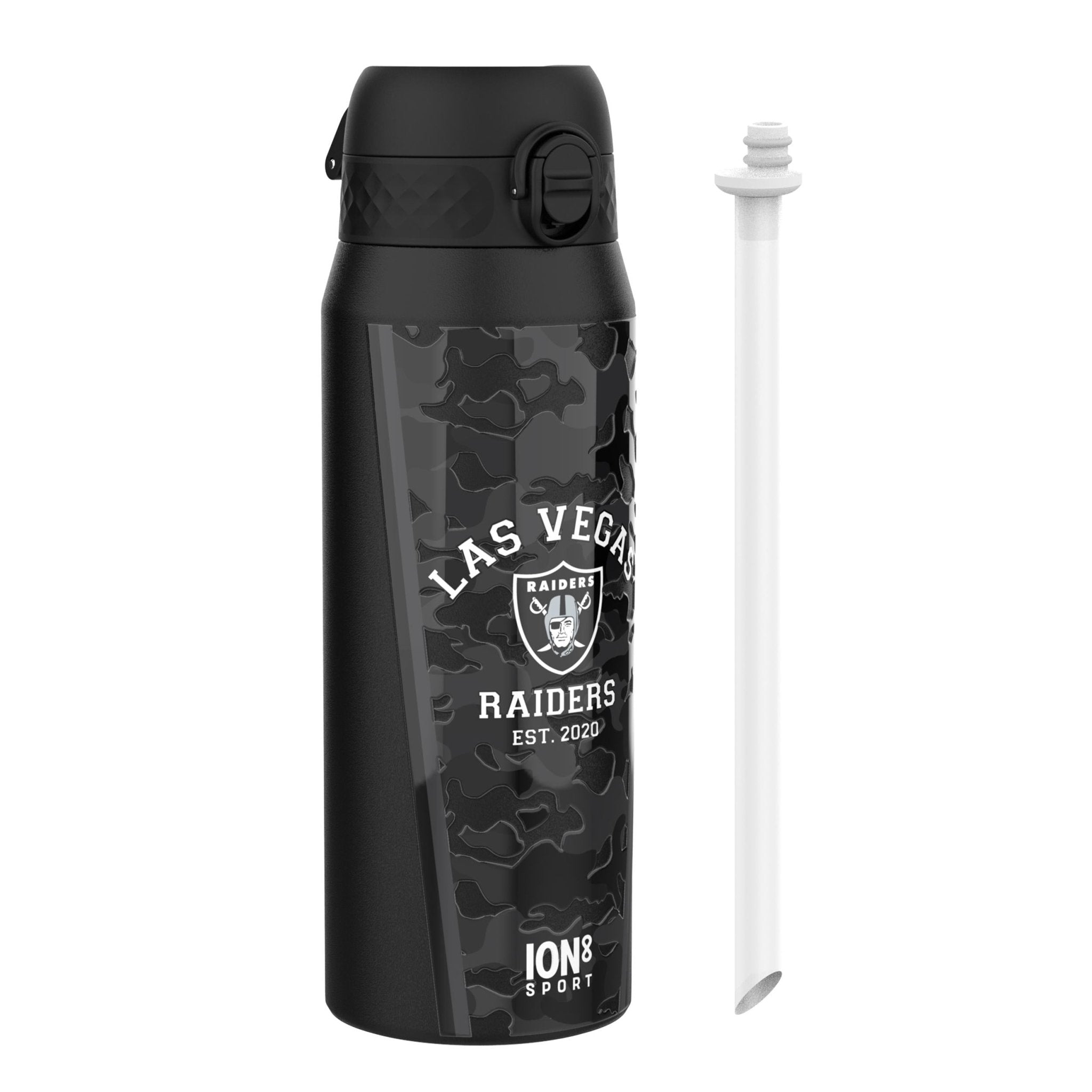 ION8 NFL Raiders insulated steel water bottle, 750ml, with Raiders logo, stainless steel, and leak-proof cap.