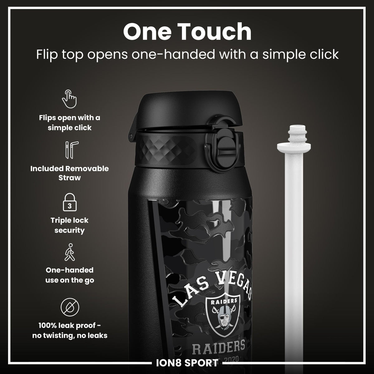 ION8 NFL Las Vegas Raiders 750ml insulated steel water bottle, durable sports bottle with team logo and leak-proof design