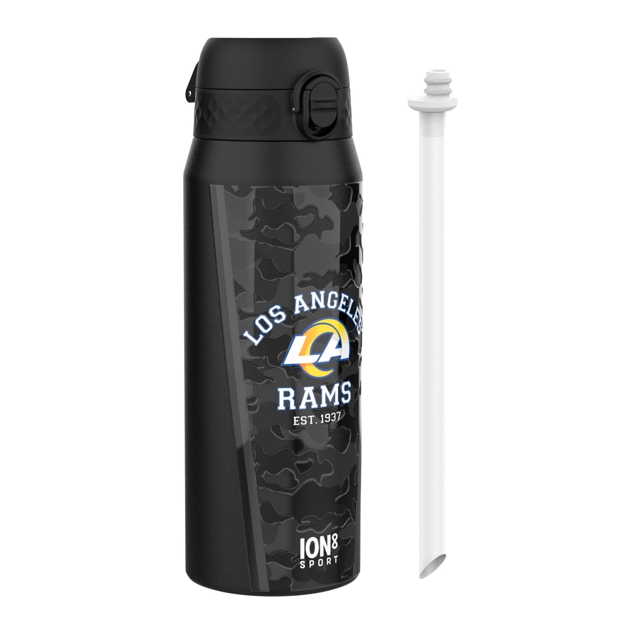 Ion8 NFL Rams insulated steel water bottle, 750ml, with team logo, durable design, and leak-proof cap for active use.