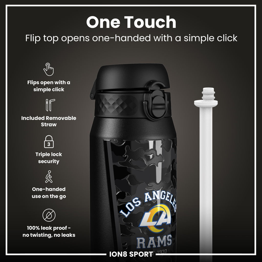 ION8 NFL Los Angeles Rams insulated steel water bottle, 750ml, featuring Rams team logo and durable design for hot or cold drinks