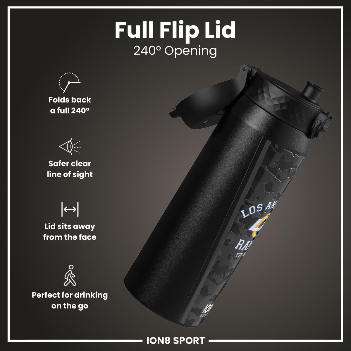 ION8 NFL Los Angeles Rams insulated steel water bottle, 750ml, durable double-walled design with team logo and leak-proof cap
