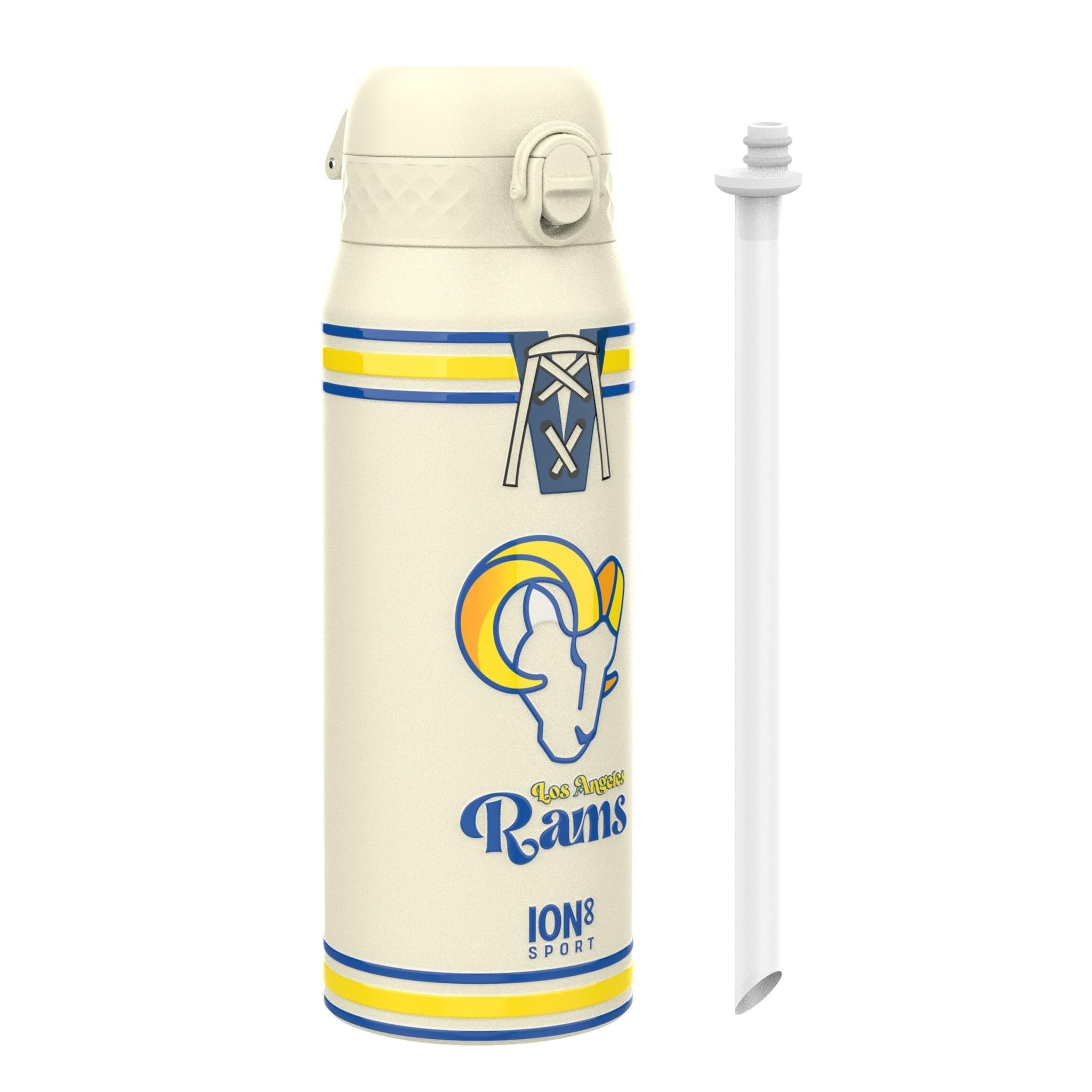 Ion8 NFL Rams insulated steel water bottle, 750ml (24oz), durable design with team logo and leak-proof cap.