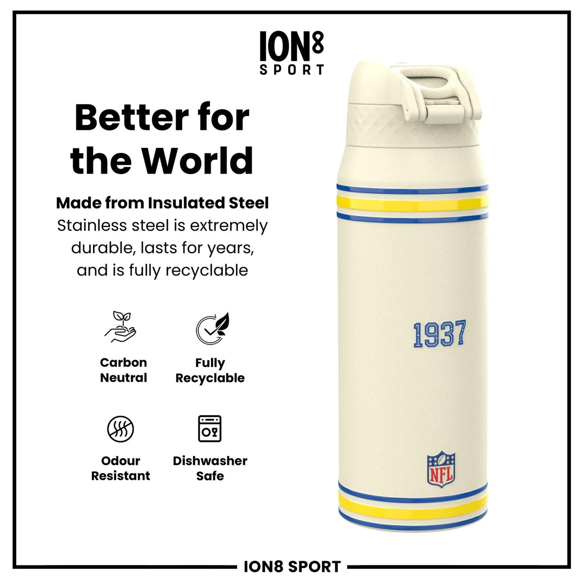 ION8 NFL Los Angeles Rams insulated steel water bottle, 750ml, with team logo and sleek design for hot or cold beverages.