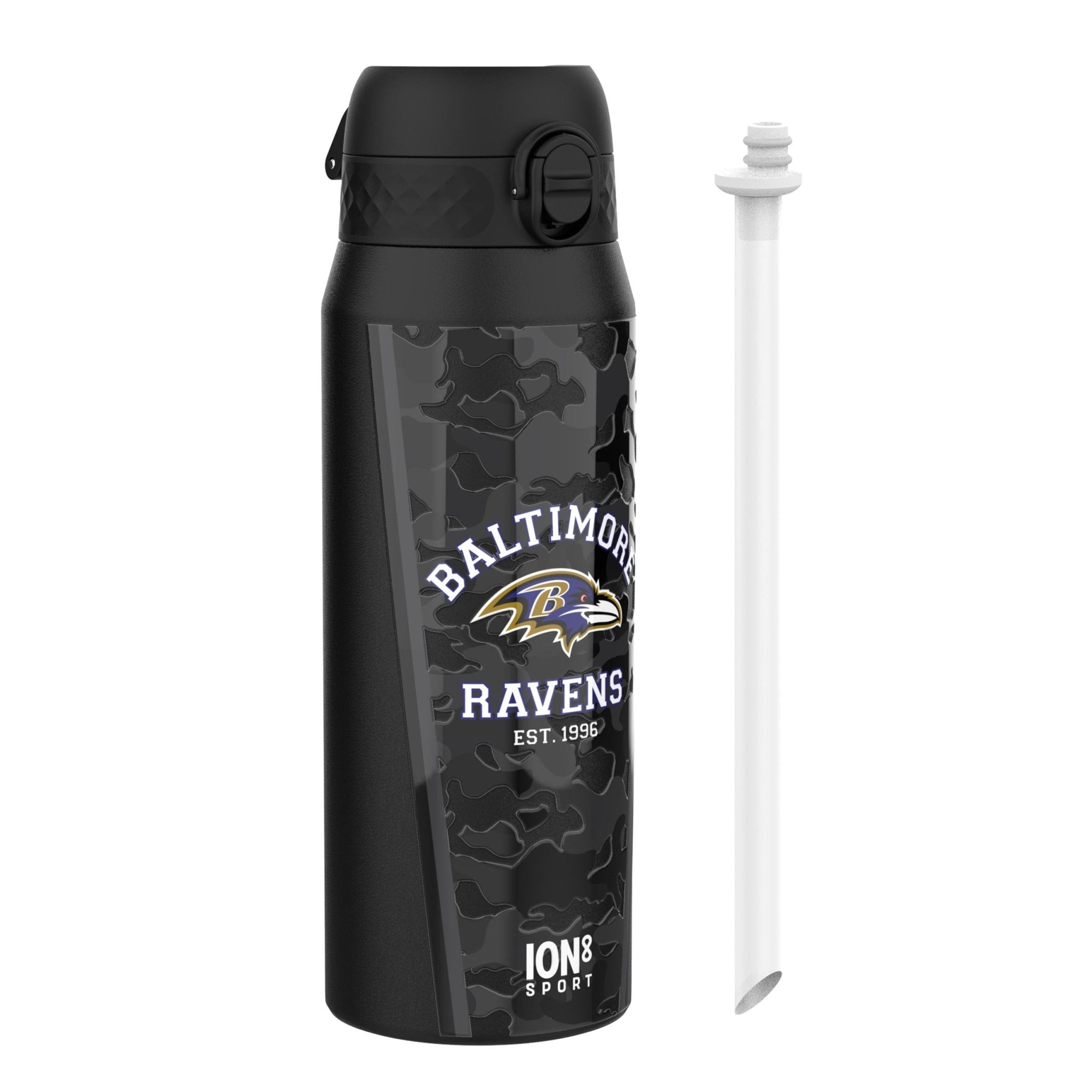 ION8 NFL Ravens insulated steel water bottle, 750ml, with Ravens logo and stainless steel design, perfect for staying hydrated.