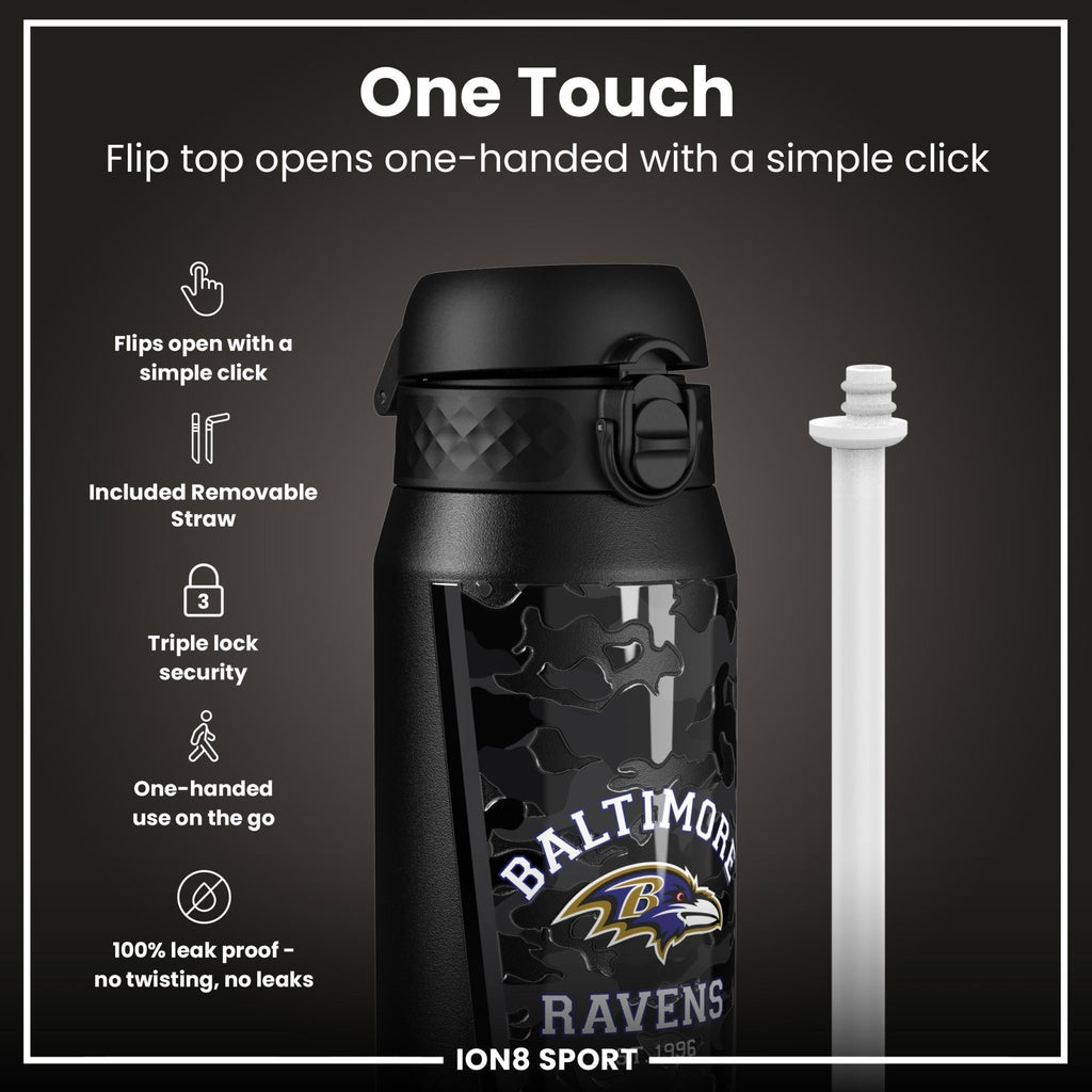 ION8 NFL Baltimore Ravens insulated steel water bottle, 750ml, with team logo and durable design for hot or cold beverages