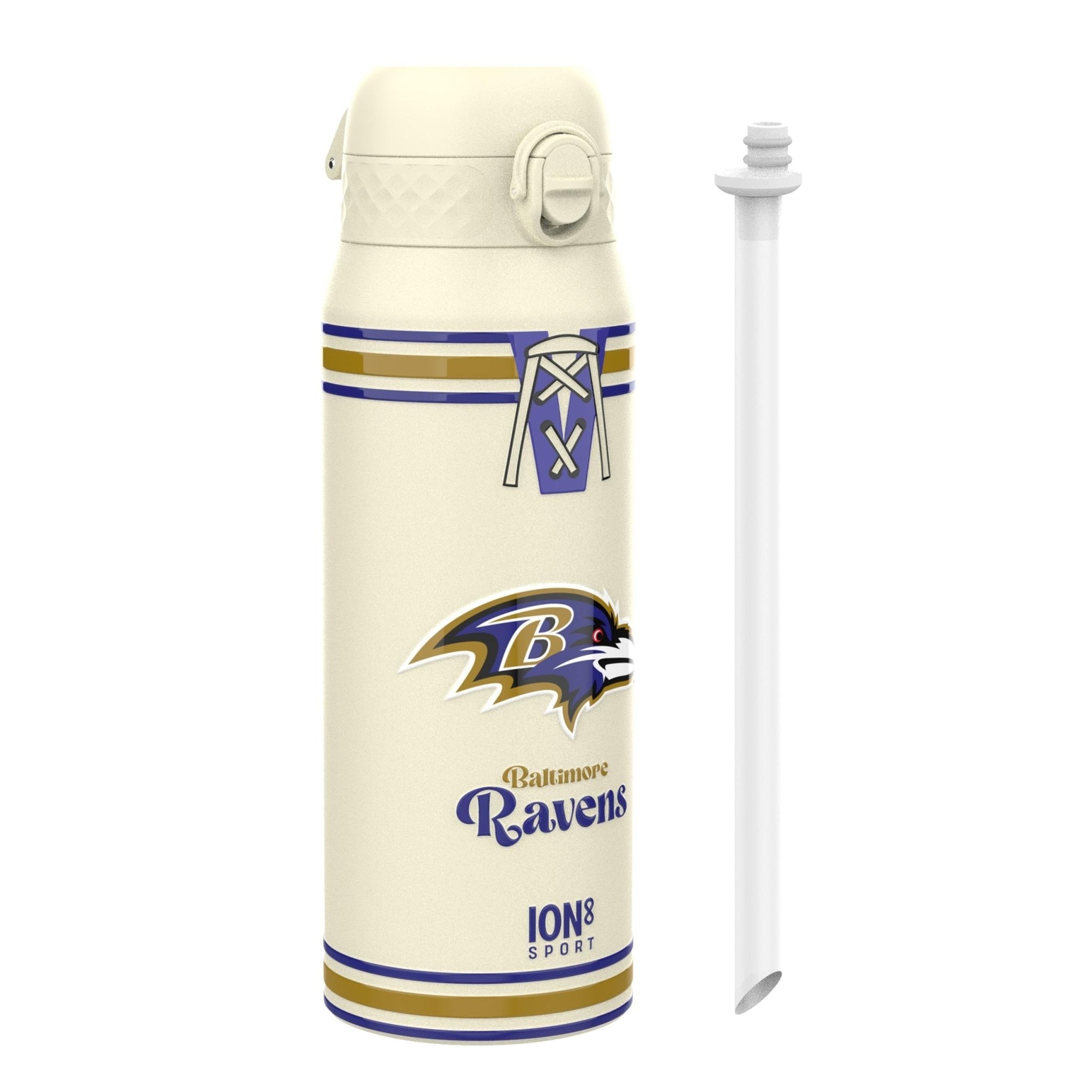 ION8 NFL Ravens insulated steel water bottle, 750ml, with team logo and design, perfect for keeping drinks cold or hot.