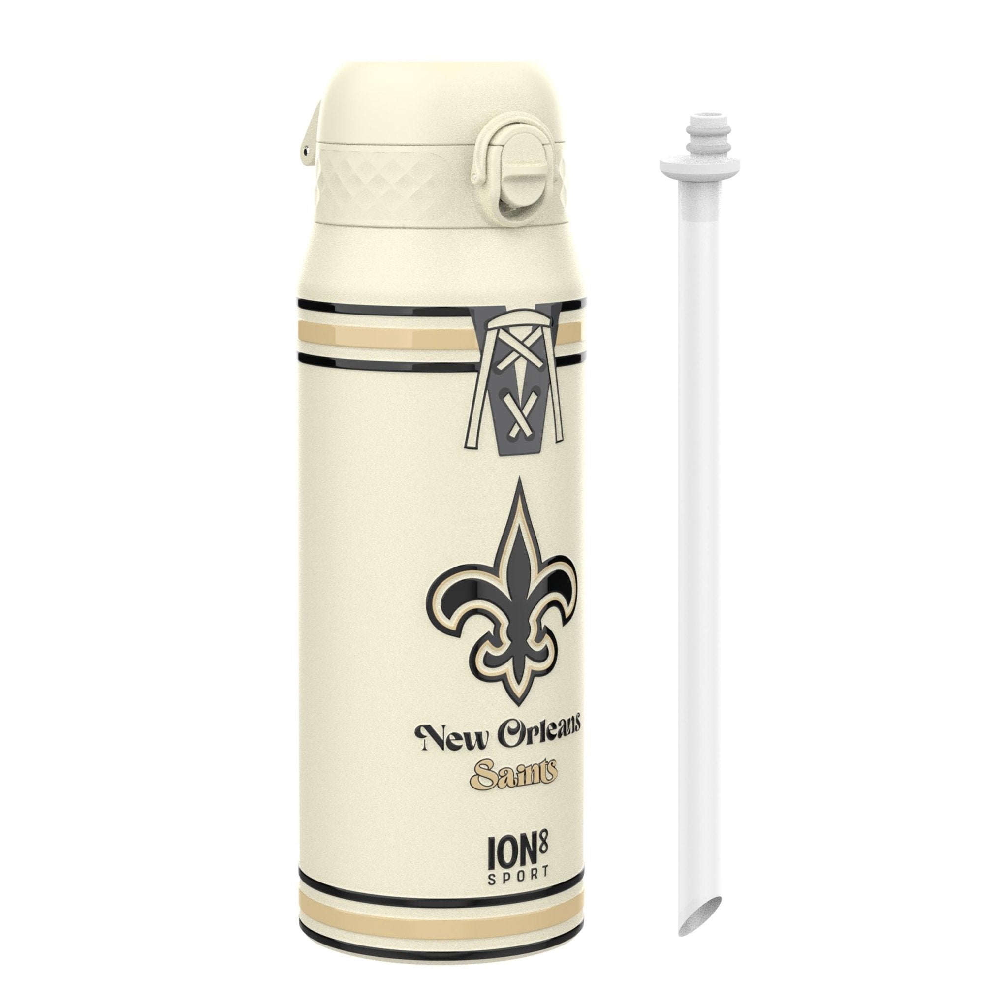 ION8 NFL Saints insulated steel water bottle, 750ml, rugged design with team logo, perfect for sports and outdoor use.