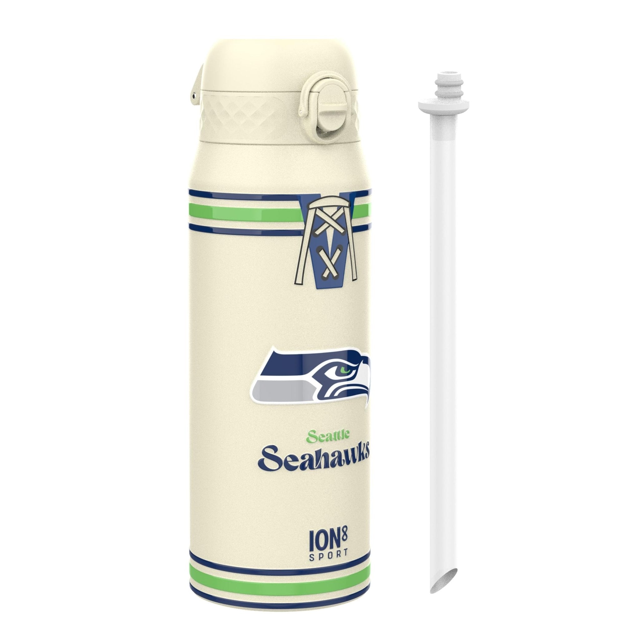 Ion8 NFL Seahawks insulated steel water bottle, 750ml, durable design with team logo, perfect for fans and hydration.