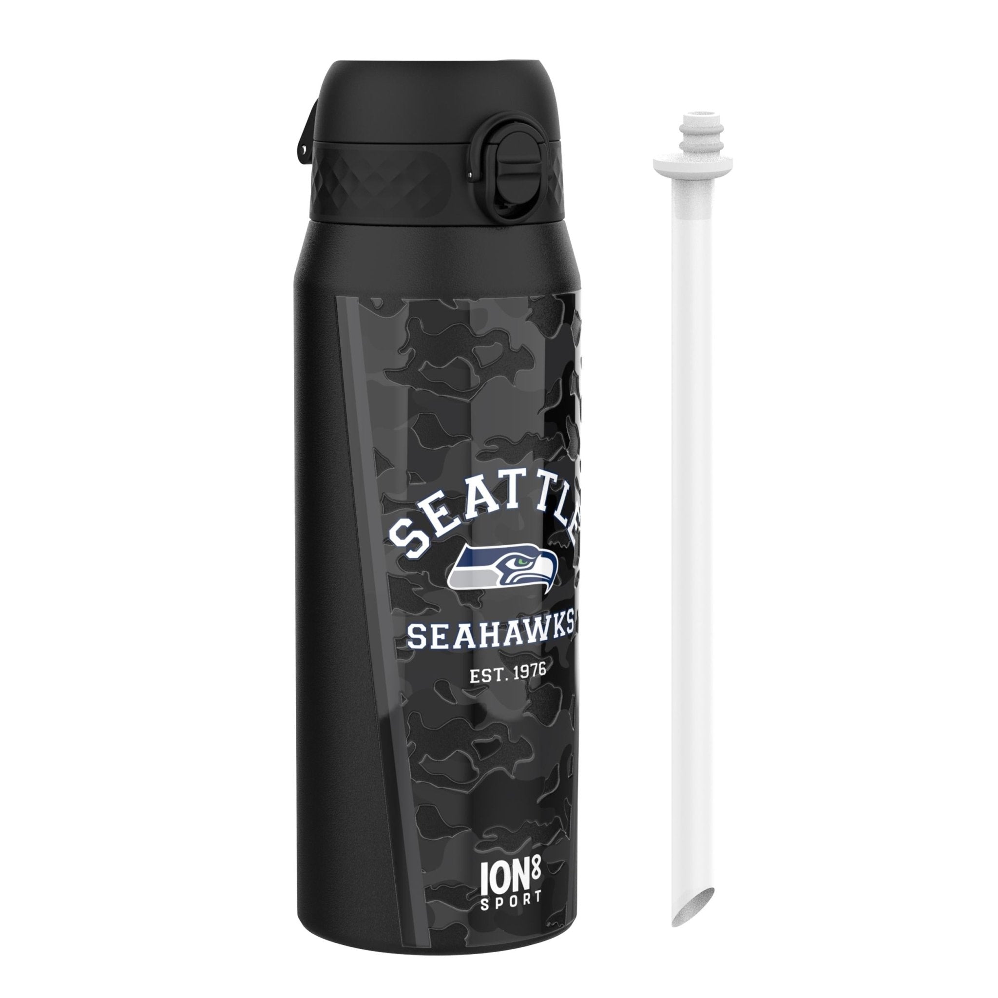 ION8 NFL Seahawks insulated steel water bottle, 750ml, durable stainless steel with Seahawks logo, keeps drinks hot or cold.