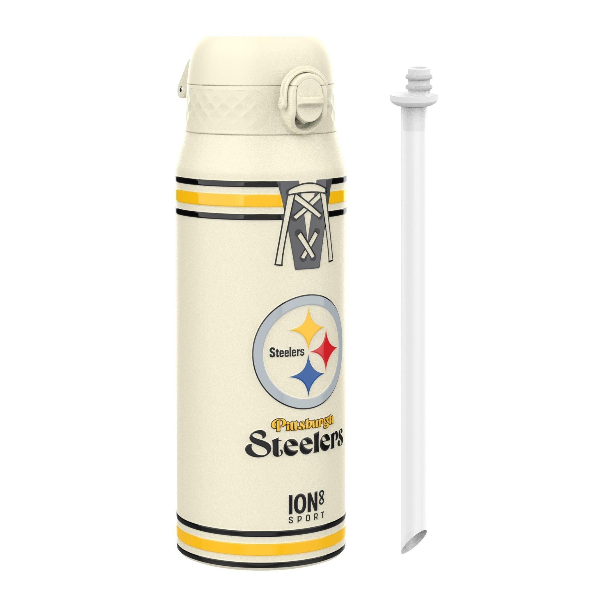 NFL Steelers ION8 insulated steel water bottle, 750ml (24oz), durable, leak-proof hydration bottle with team logo design