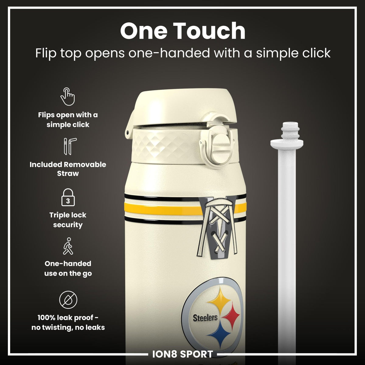 NFL Pittsburgh Steelers insulated steel water bottle by ION8, 750ml, durable stainless steel with Steelers logo.