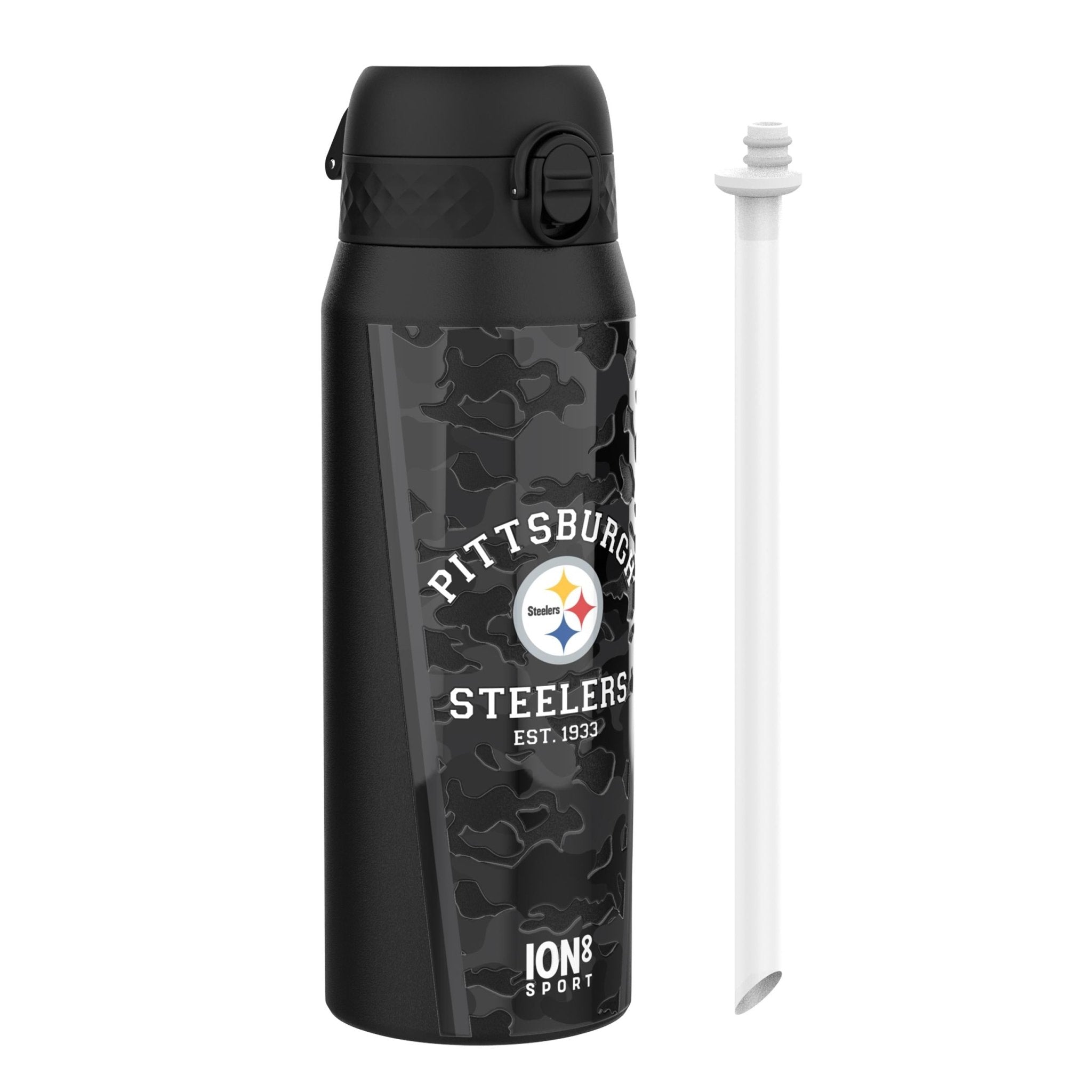 Steel NFL Steelers insulated water bottle by ION8, 750ml (24oz), with team logo and durable stainless steel design.