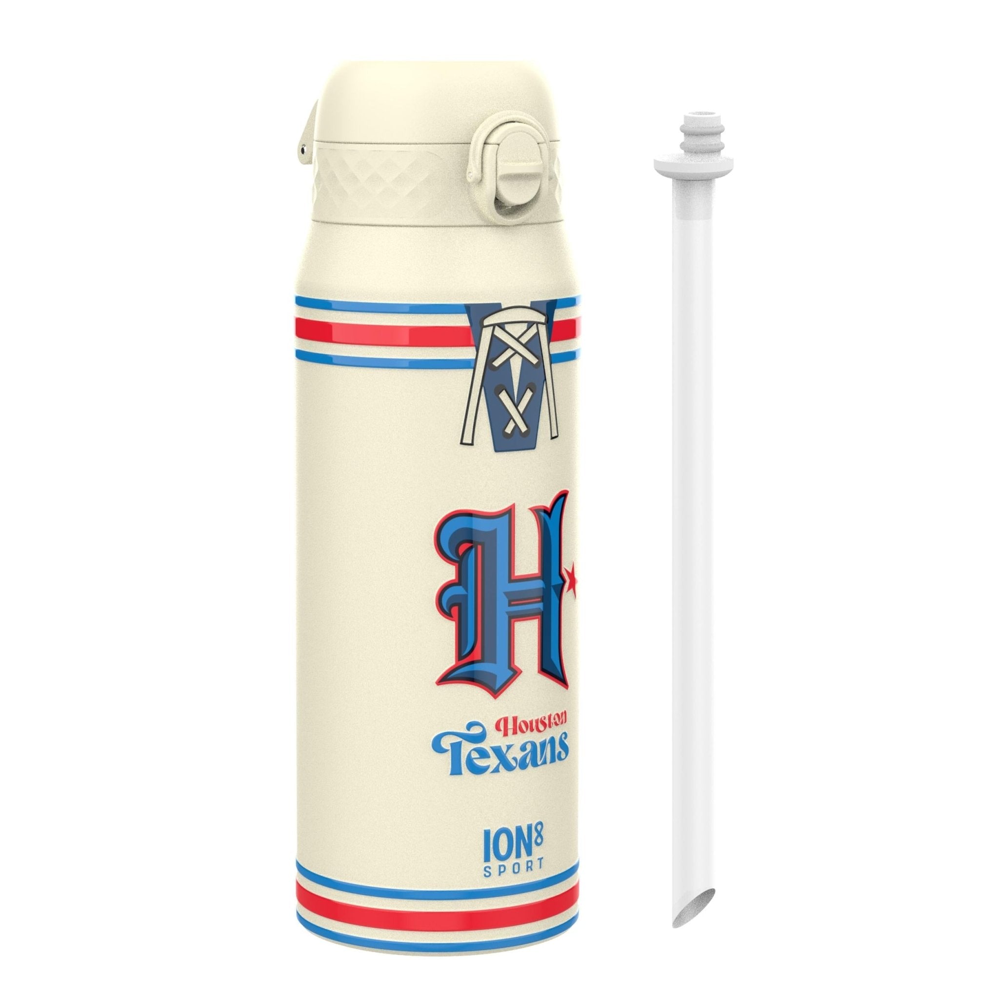 ION8 NFL Texans insulated steel water bottle, 750ml, with team logo, durable design, and leak-proof lid for sports and daily use.