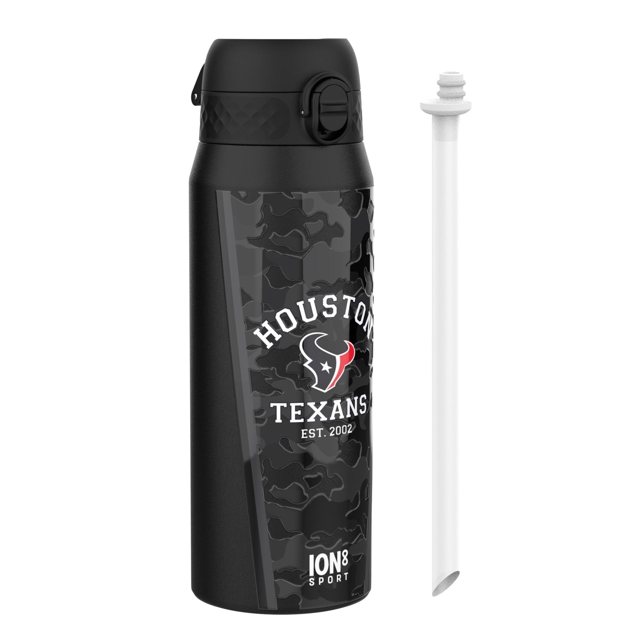 Insulated steel water bottle by ION8 featuring Houston Texans NFL team logo, 750ml capacity, durable and leak-proof design.