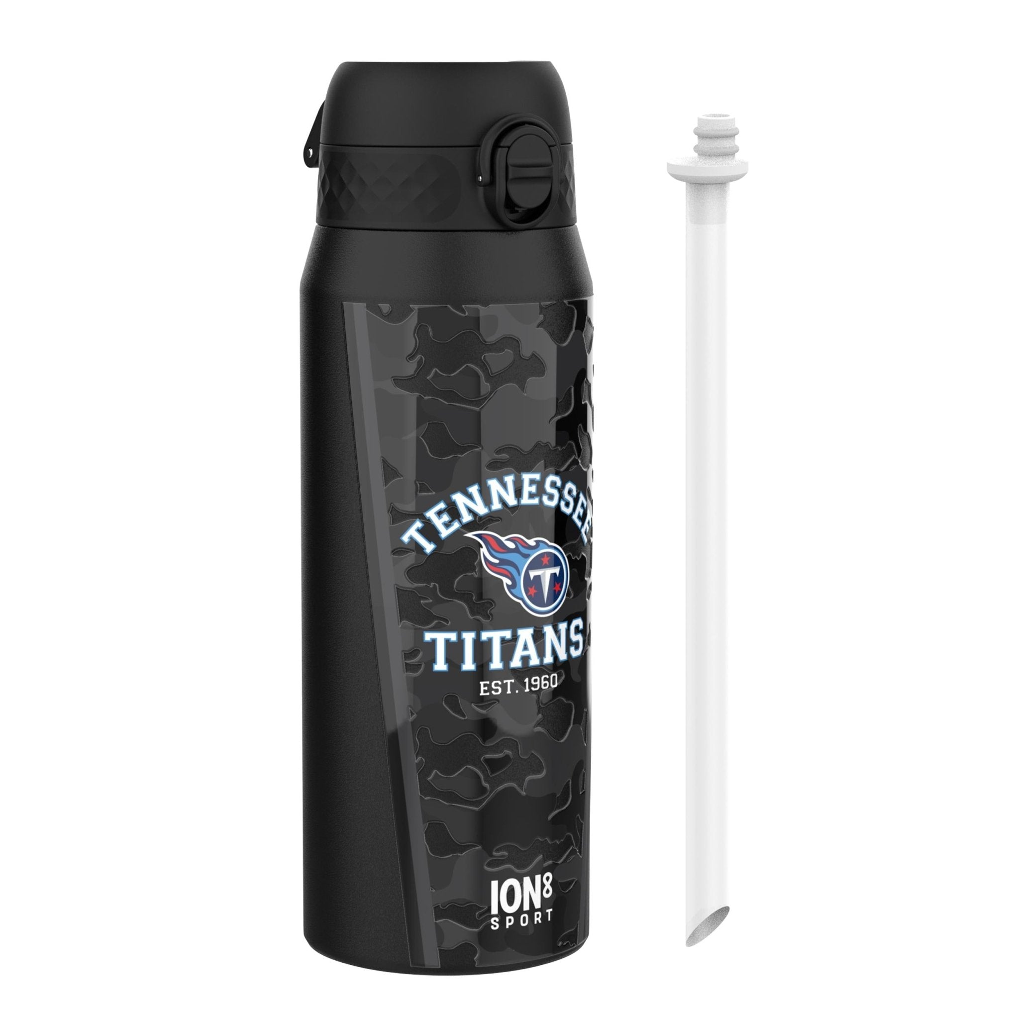 Ion8 NFL Titans insulated steel water bottle, 750ml (24oz), durable stainless steel design with Titans logo for sports hydration.