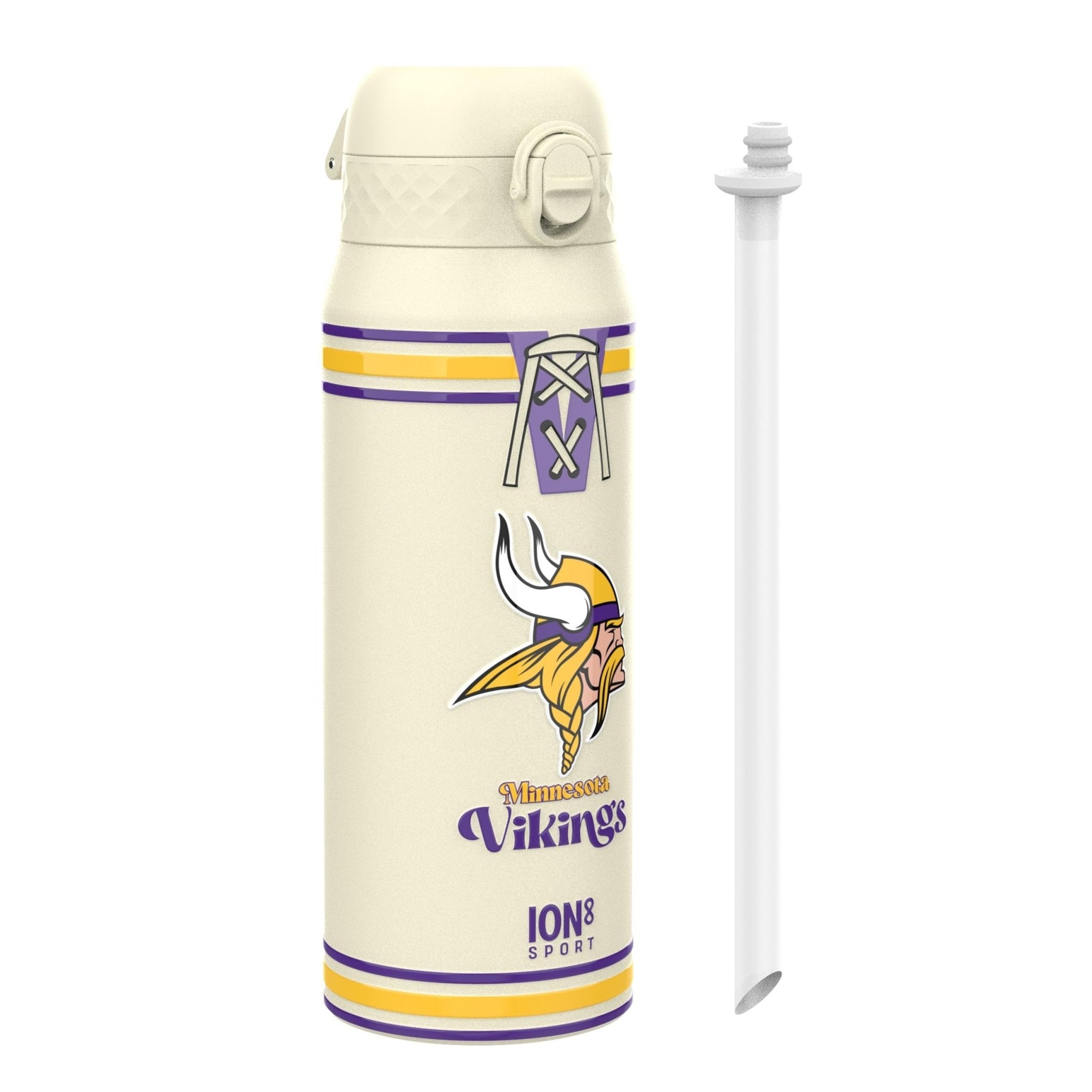 Ion8 insulated steel water bottle featuring NFL Vikings branding, 750ml (24oz) capacity, designed to keep drinks hot or cold.