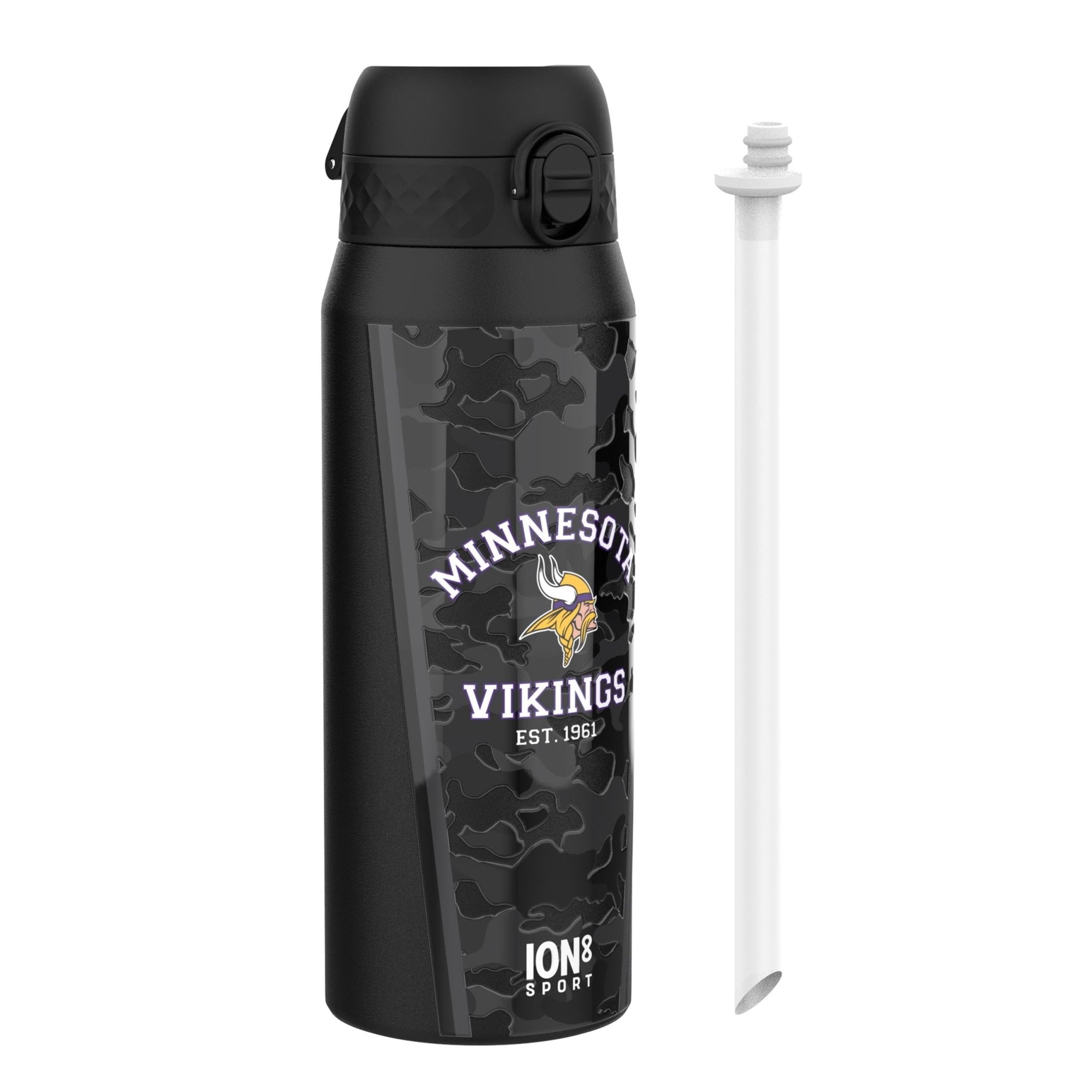 ION8 NFL Vikings insulated steel water bottle, 750ml, with team logo and stainless steel design for cold drinks.