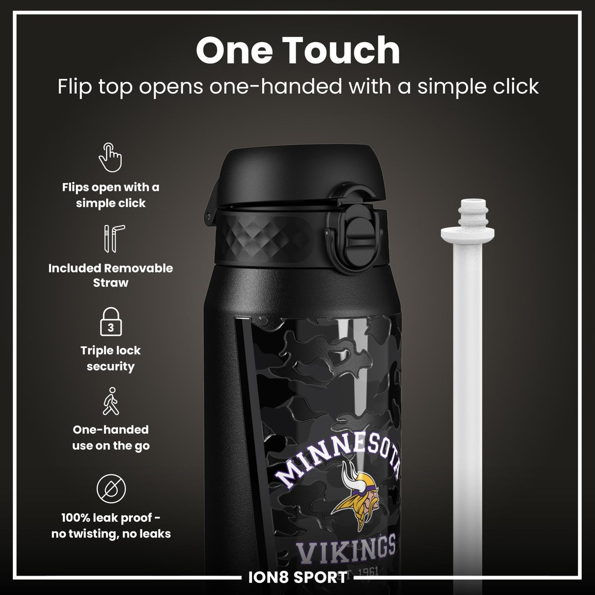 ION8 NFL Minnesota Vikings insulated steel water bottle, 750ml, with Vikings logo and stainless steel design for hot and cold drinks
