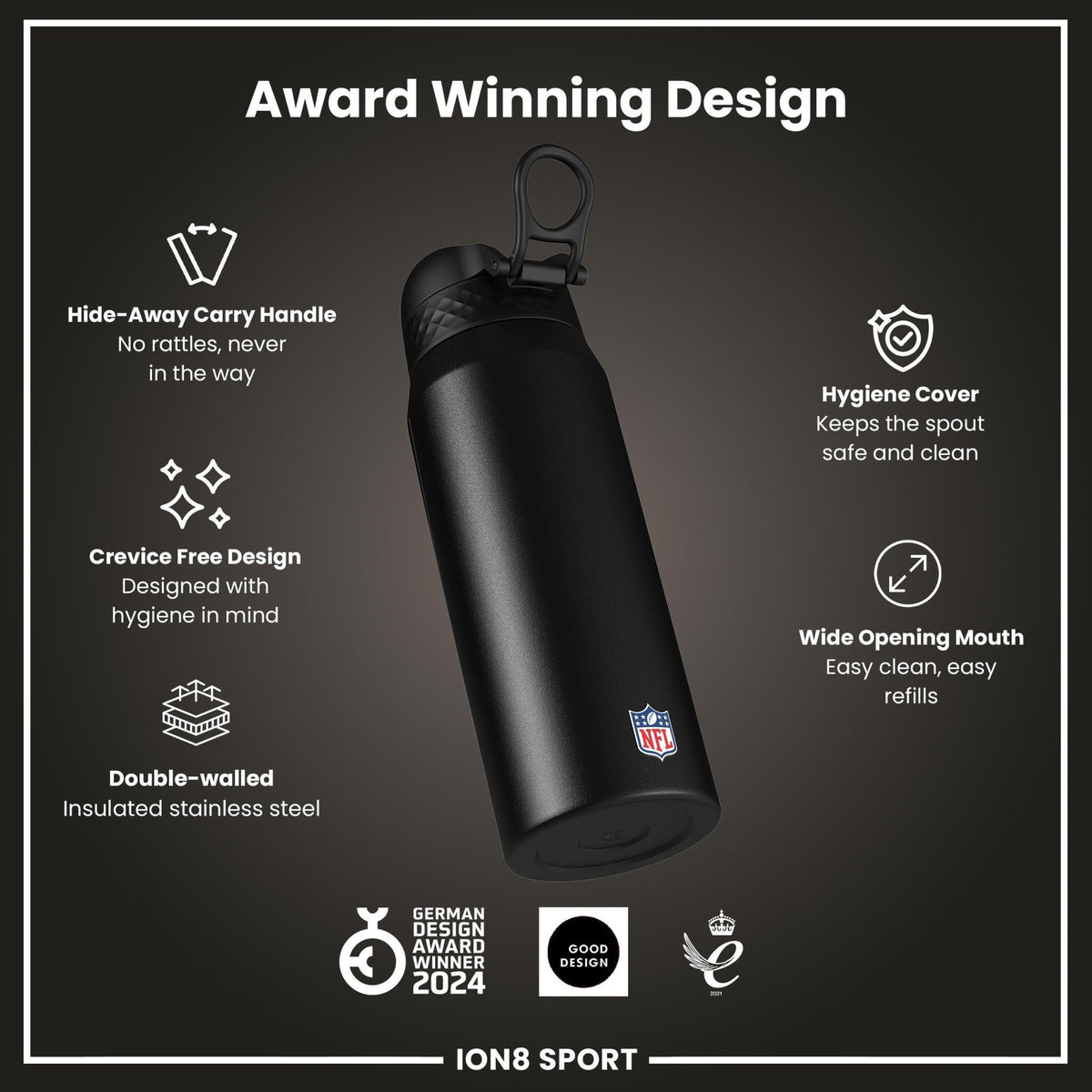 ION8 NFL Minnesota Vikings insulated steel water bottle, 750ml, durable stainless steel, with Vikings logo and leak-proof design.