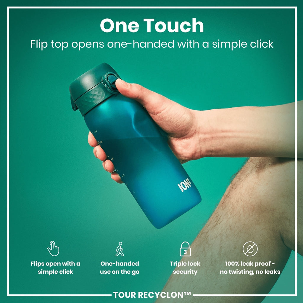 Ion8 Recyclon Aqua 750ml water bottle, eco-friendly reusable bottle with a clear design and secure screw cap.