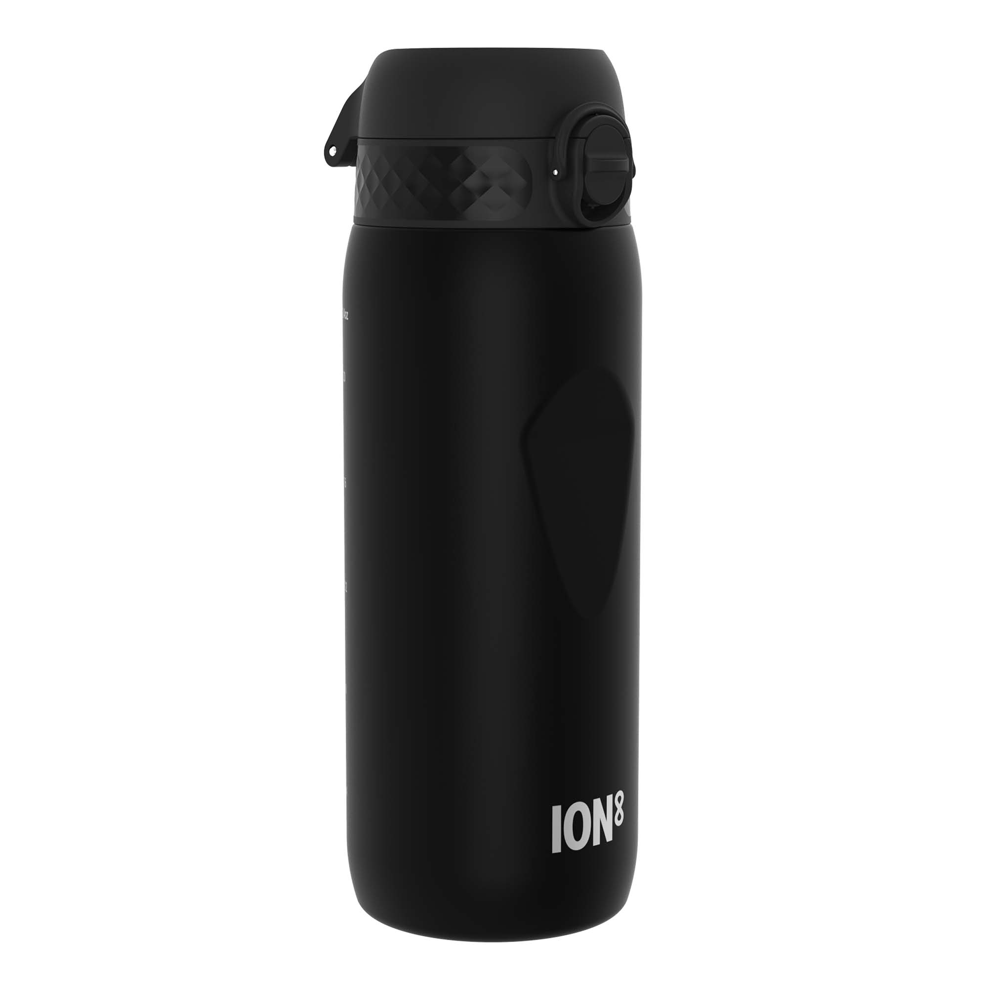 Black Recyclon water bottle by ION8, 750ml capacity, with a sleek design and secure lid for hydration on the go.