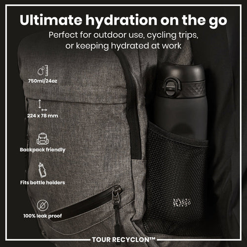 Black ION8 Recyclon 750ml water bottle with a sleek design and secure lid, ideal for staying hydrated on the go.