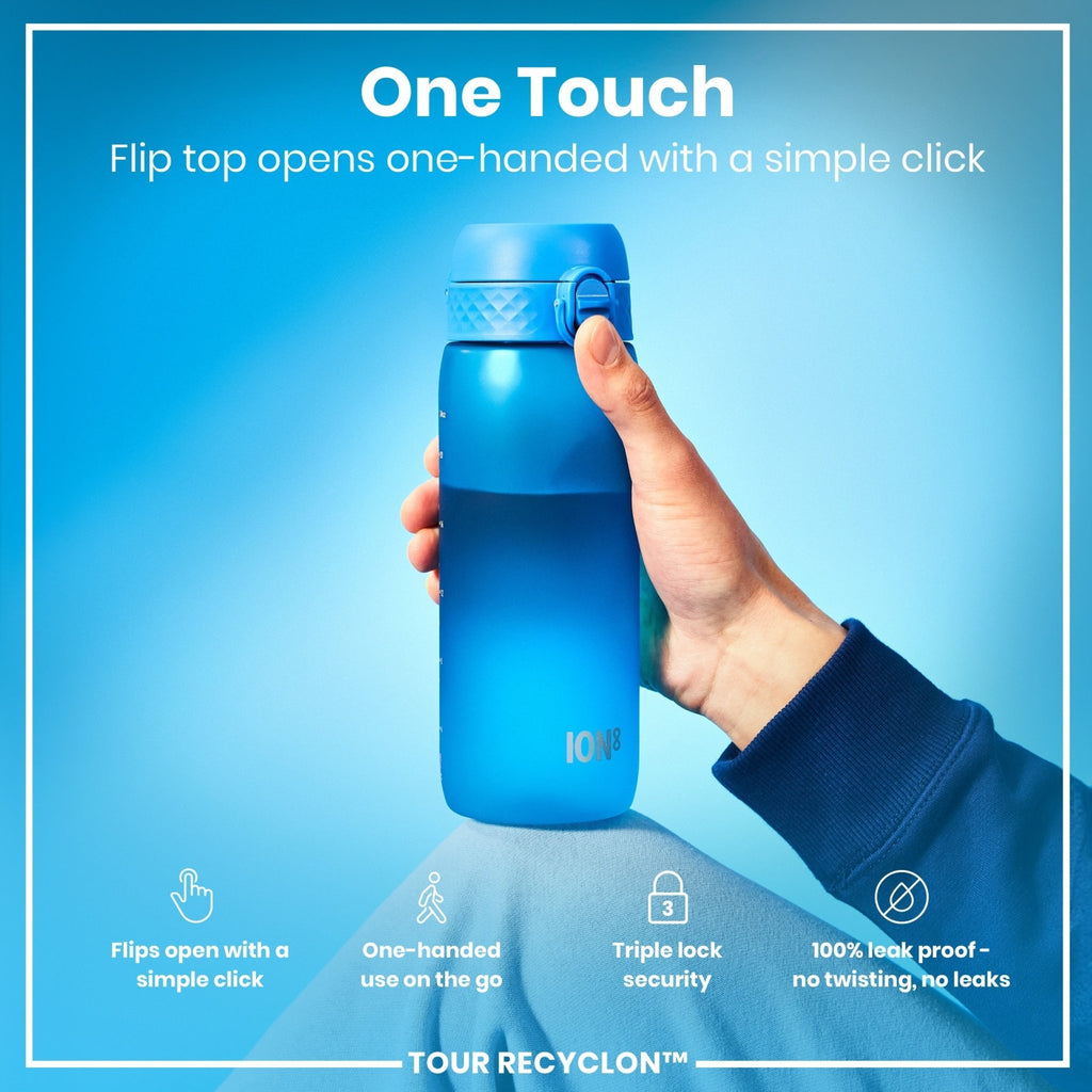 Blue Recyclon water bottle by ION8, 750ml capacity, featuring a sleek design and secure screw-top lid.