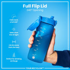 ION8 Recyclon Blue 750ml water bottle made of recyclable materials, featuring a durable design and a secure screw cap.