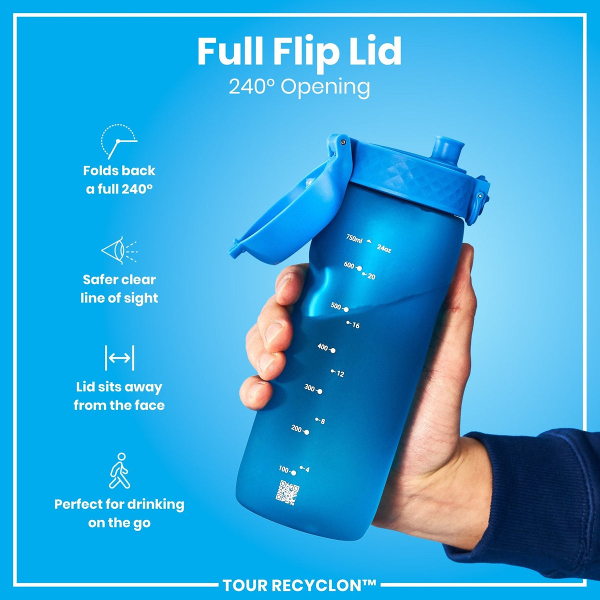 ION8 Recyclon Blue 750ml water bottle made of recyclable materials, featuring a durable design and a secure screw cap.