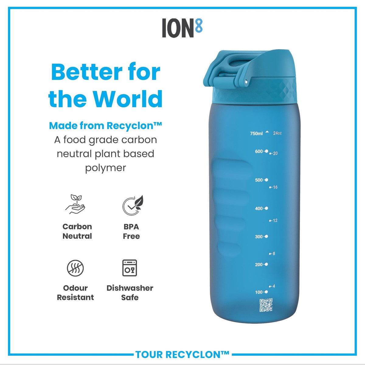 Ion8 Recyclon Blue 750ml water bottle, reusable stainless steel bottle with a sleek design and leak-proof lid.