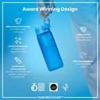 Ion8 Recyclon water bottle in blue, 750ml, made of recycled materials, featuring a sleek design and secure screw cap.