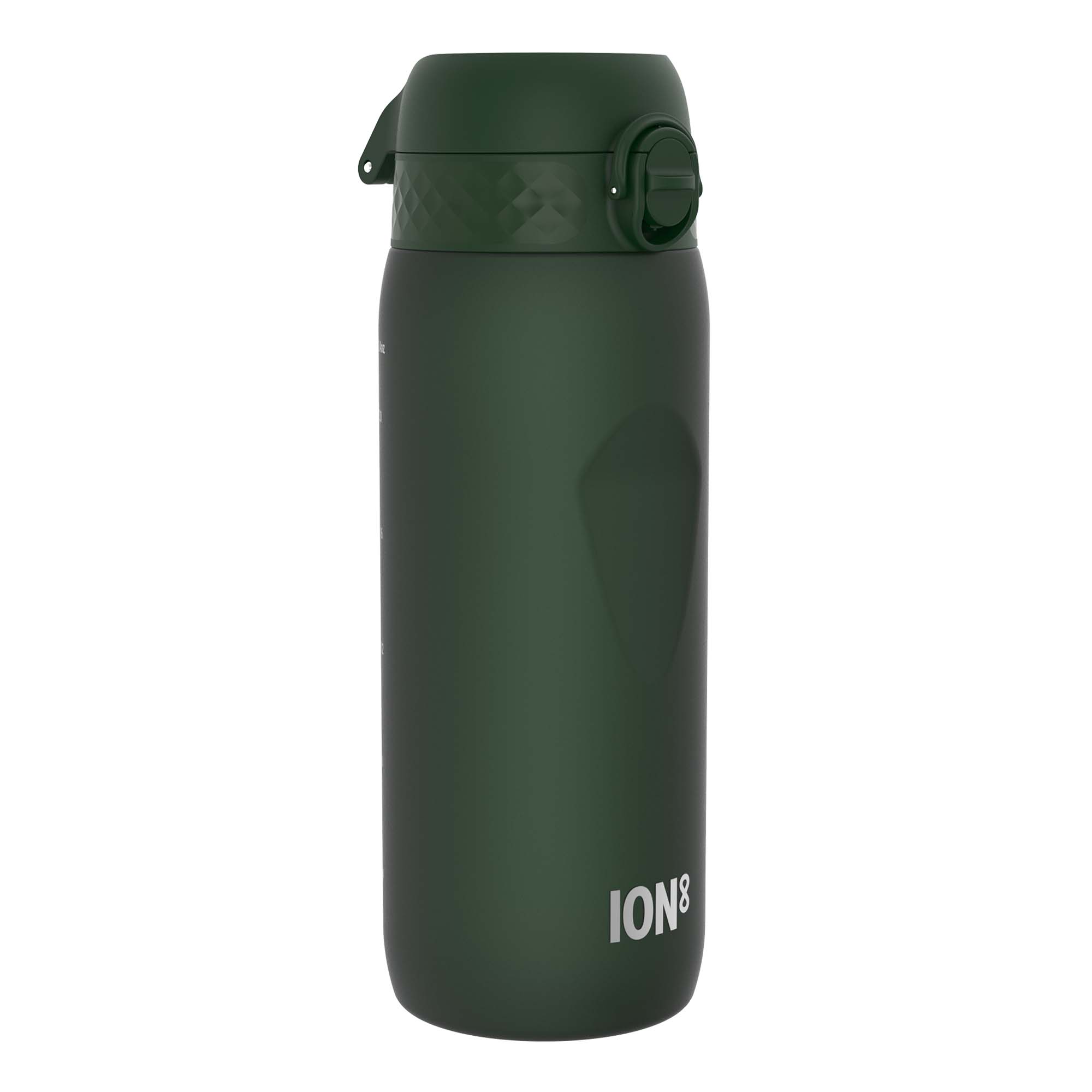 Dark green ION8 Recyclon water bottle with 750ml capacity, featuring a sleek design and secure lid for hydration on the go.