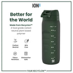Dark green ION8 Recyclon water bottle, 750ml, made from recycled materials, with a sleek design and secure cap.
