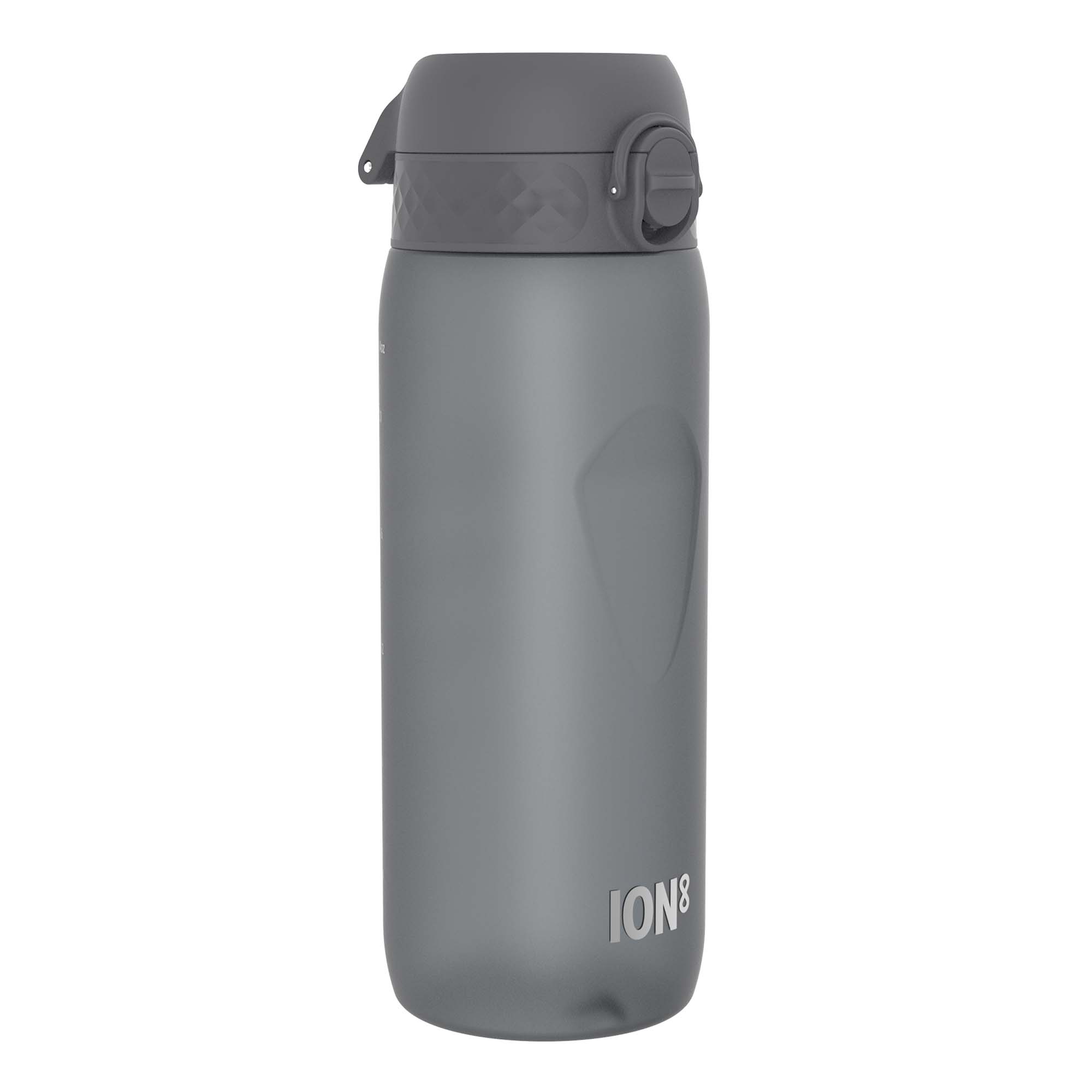 Grey Recyclon water bottle by ION8, 750ml capacity, with a sleek design and durable plastic construction.