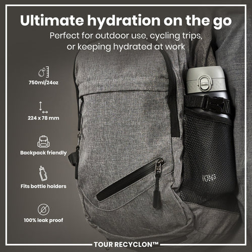 Grey ION8 Recyclon water bottle, 750ml, made from recyclable materials, with a sleek design and secure cap.