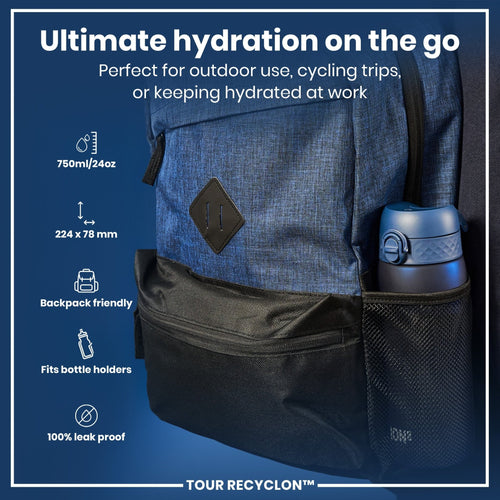 ION8 Recyclon Navy 750ml water bottle with secure cap and sleek design, made from eco-friendly recyclable materials.