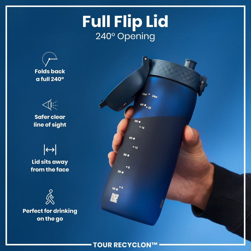 ION8 Recyclon Navy 750ml water bottle with sleek design, durable Recyclon material, and secure screw-top lid.