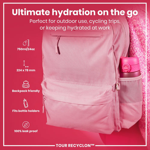 Pink Recyclon water bottle by ION8, 750ml capacity, with a sleek design and secure lid, suitable for everyday hydration.