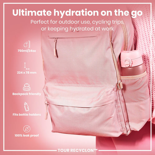 ION8 Recyclon 750ml water bottle with rose quartz design, durable reusable water bottle for daily hydration.