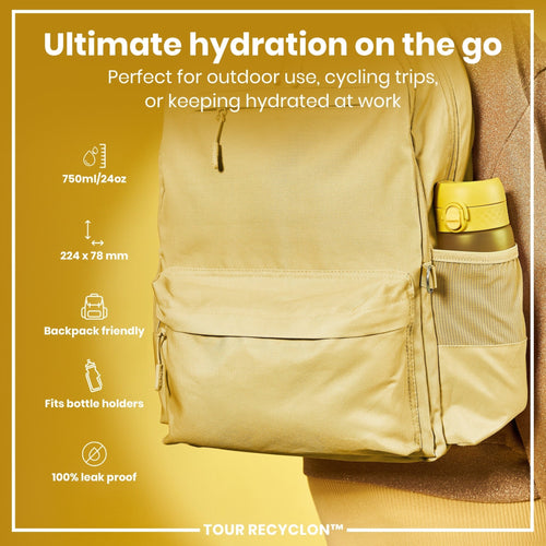 Yellow 750ml ION8 Recyclon water bottle with a screw-top lid, designed for reusable hydration and eco-friendly use.