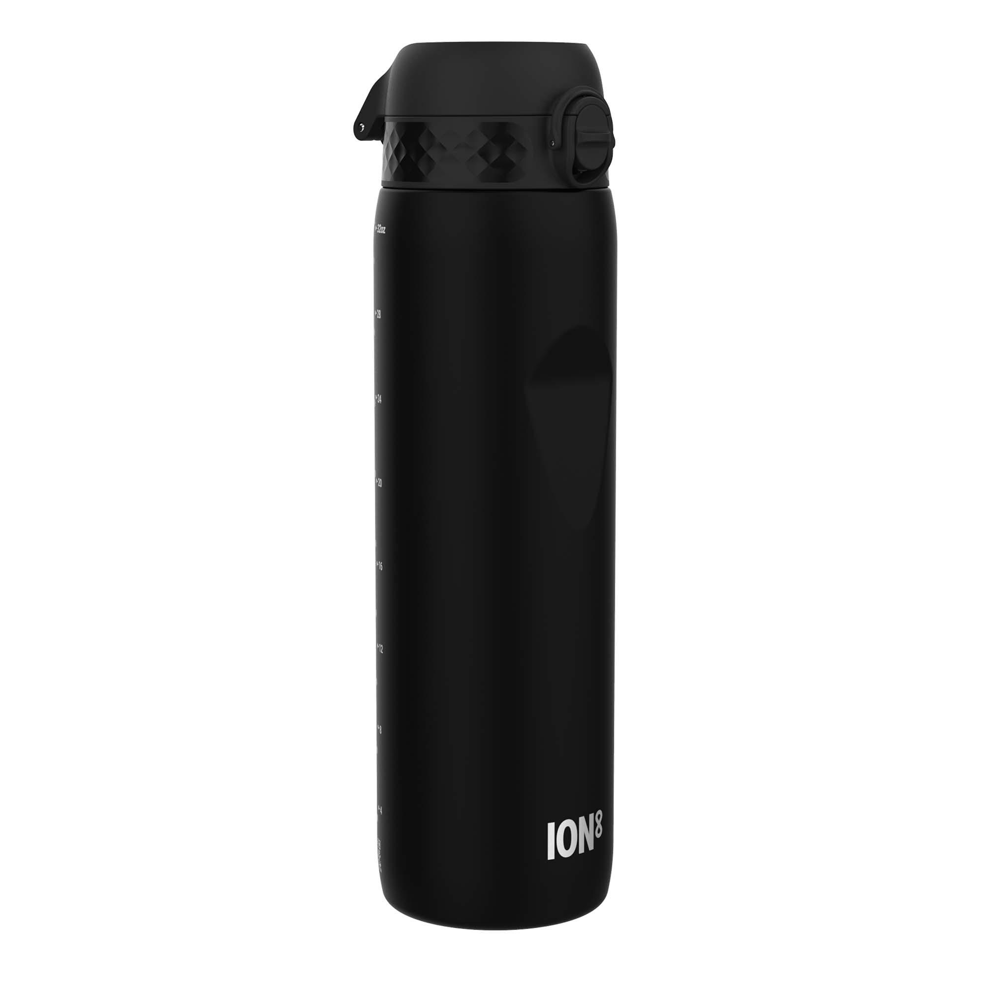 Ion8 leak-proof 1L black Recyclon water bottle with a secure screw lid, designed for durable hydration and eco-friendly use.