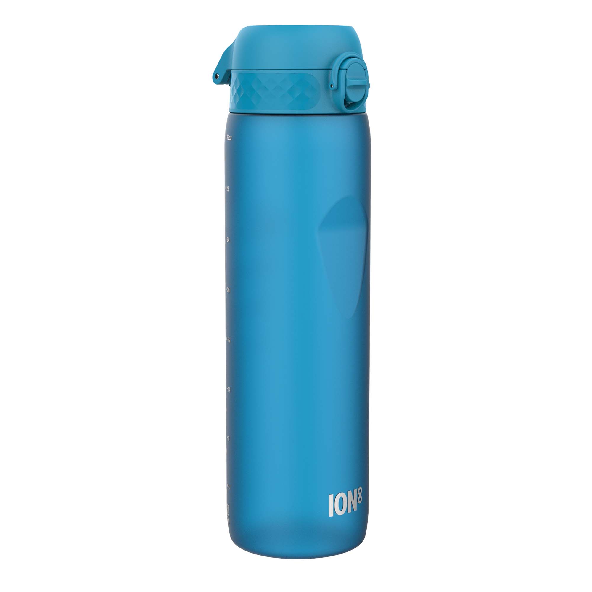 Blue ION8 Recyclon leak-proof 1-liter water bottle with a sleek design and secure lid, ideal for hydration on the go.