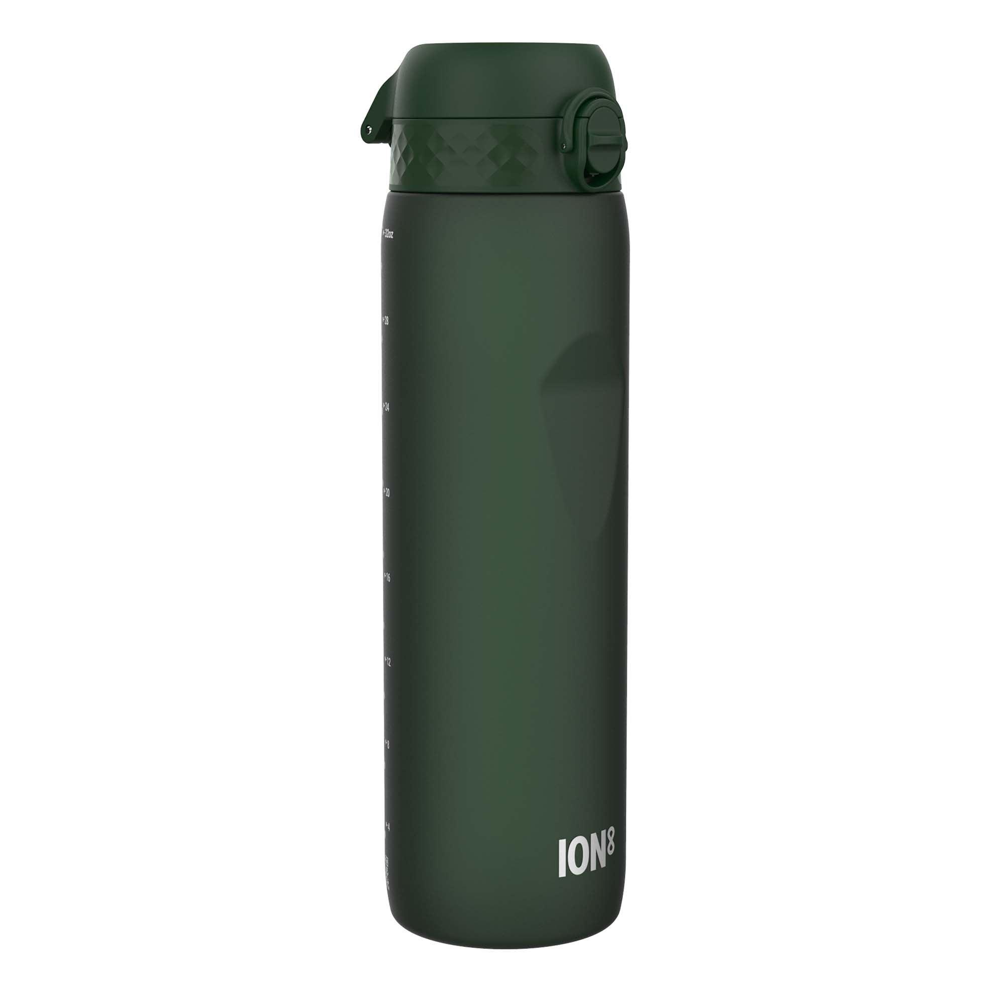 Dark green ION8 Recyclon leak-proof 1-liter water bottle with a secure cap, designed for durable hydration.
