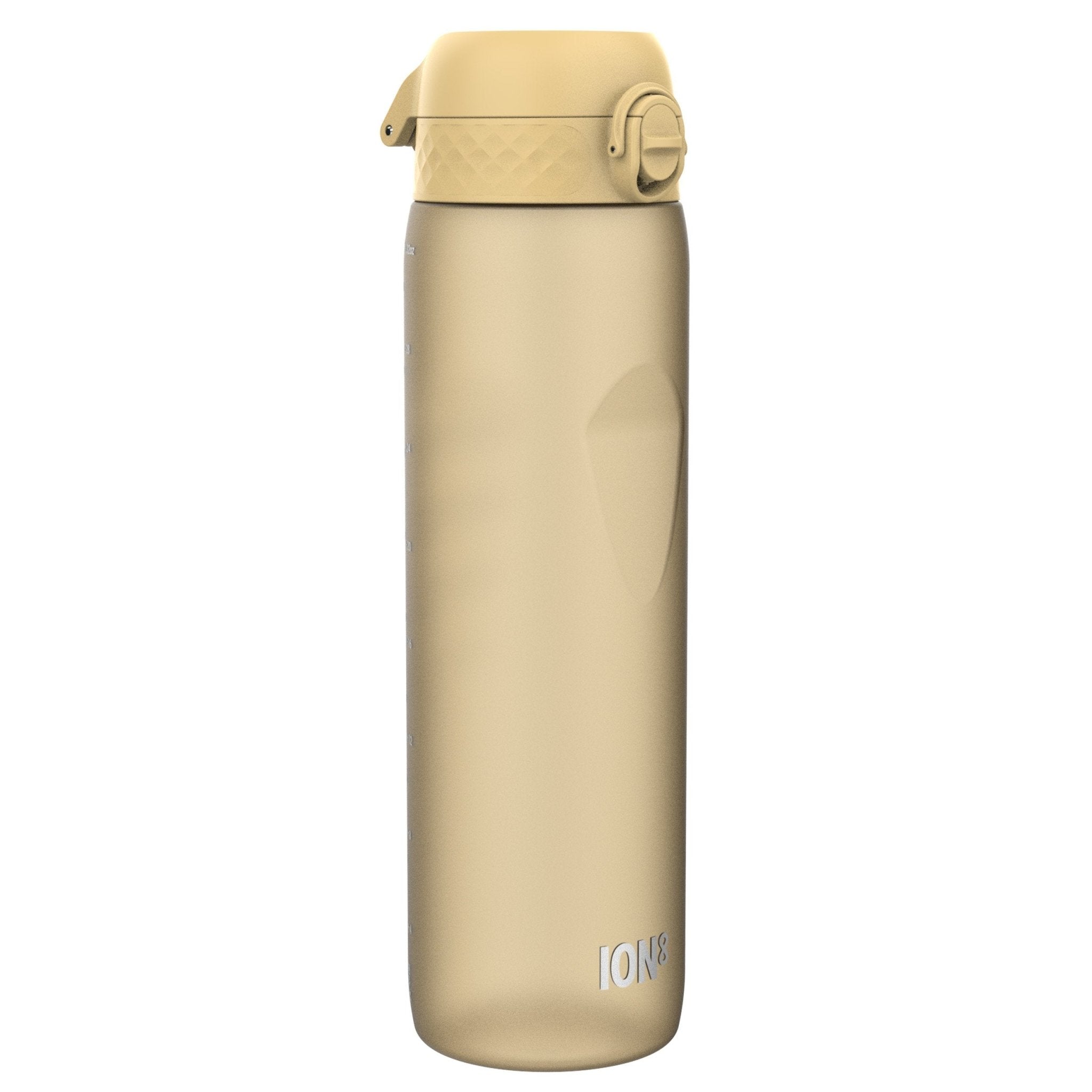 Ion8 Recyclon 1L leak-proof water bottle in desert color, durable plastic design with secure lid for outdoor hydration.